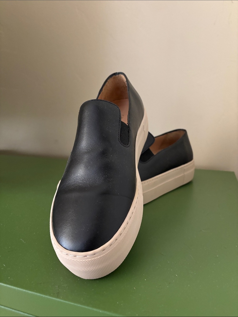 Frame Denim Black Leather Slip-On Sneakers with Cream Platform